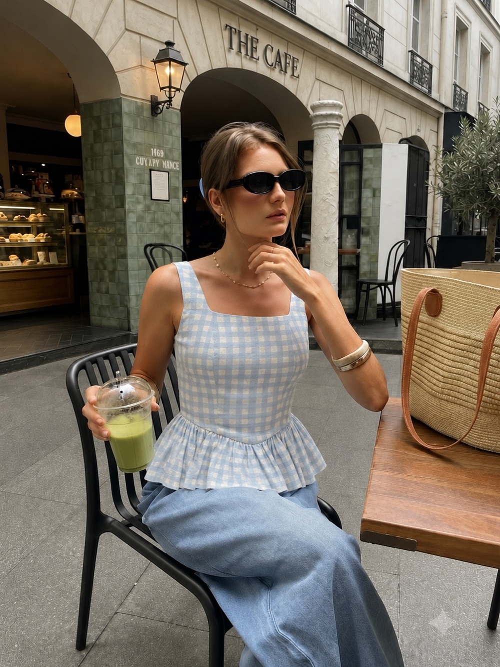 Avec Les Filles Blue Gingham Linen Peplum Corset Top NWT XS